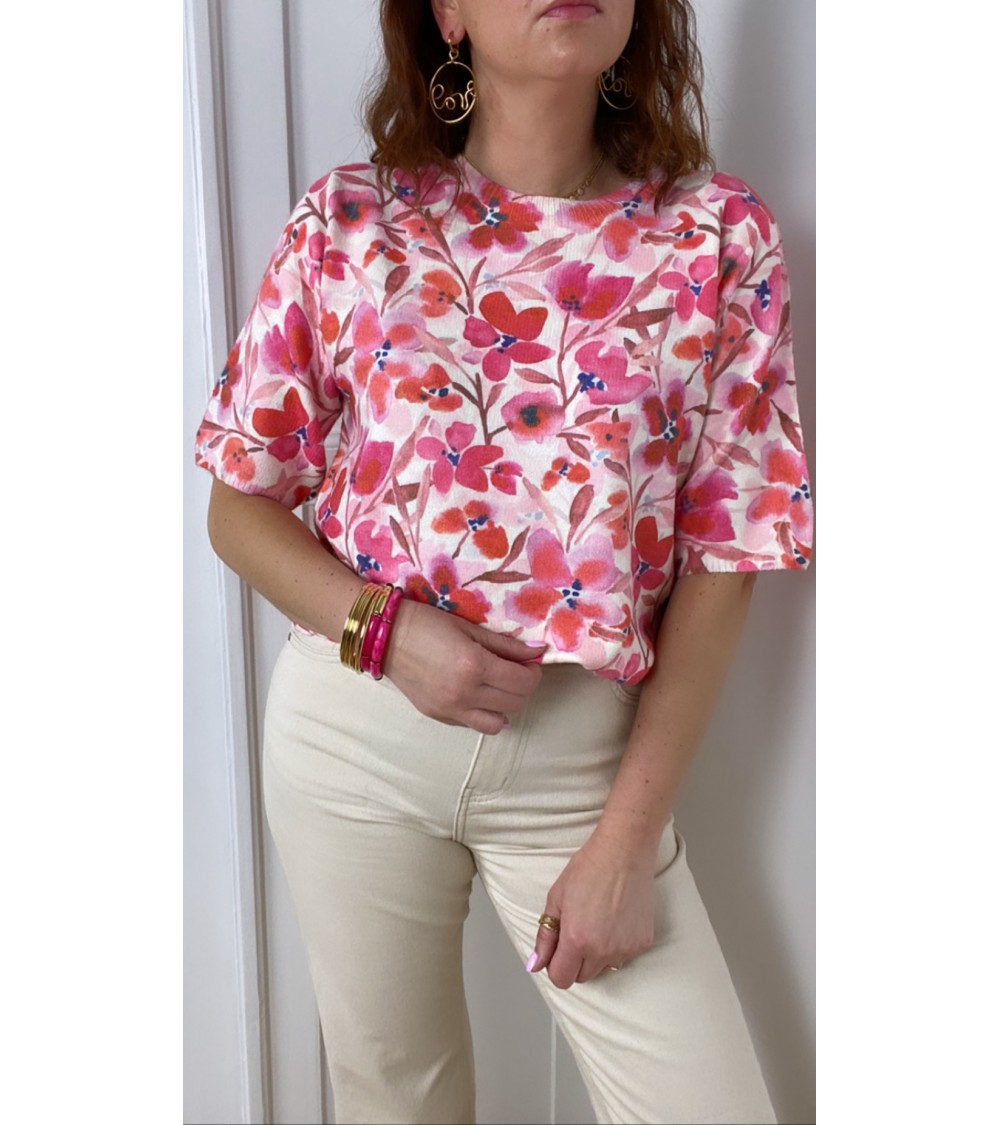 Pull en lin et coton à imprimé fleuri